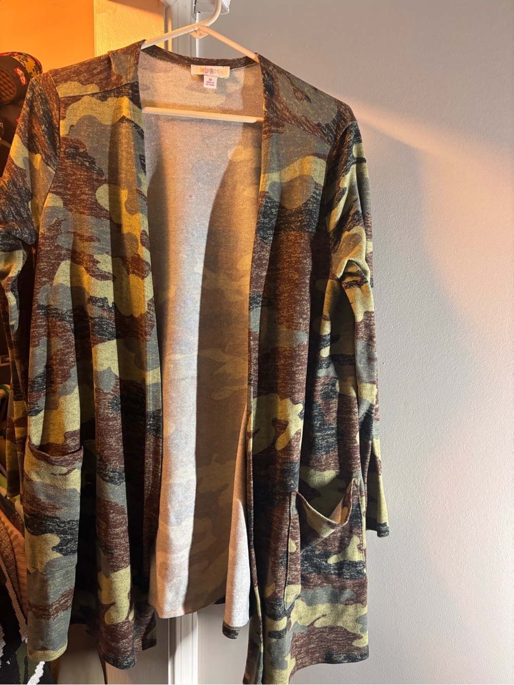LuLaRoe Olive and Brown Camo Open-Front Jacket